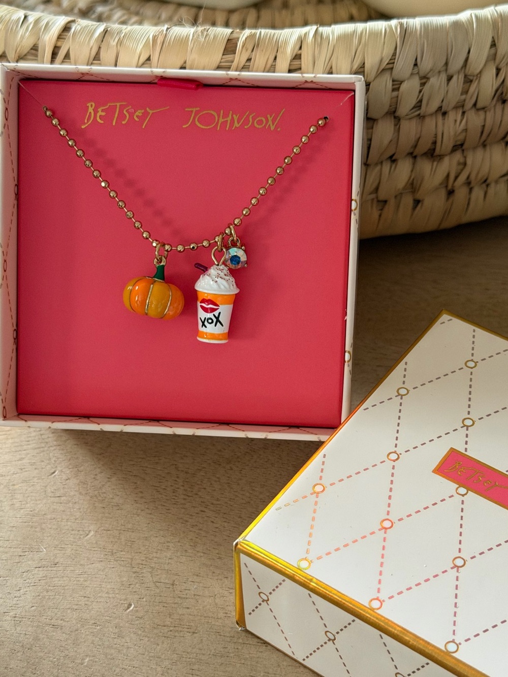 Betsey Johnson Gold-Tone Necklace with Orange Pumpkin & White Cup Charms